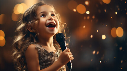 Little girl singing into a microphone at a concert in the evening.