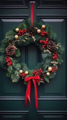 Christmas wreath with red ribbon on green door. Christmas decoration.
