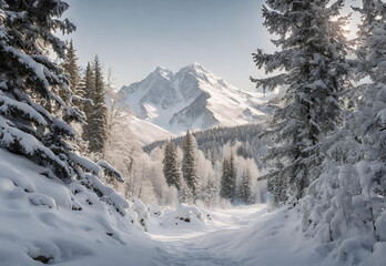 A peaceful mountain landscape covered in snow.