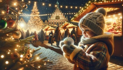 Child in winter clothing gazing at sparkling Christmas ornament, festively decorated Christmas market square, illuminated stalls, giant Christmas tree.