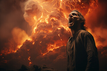 A screaming man on the background of an erupting volcano.