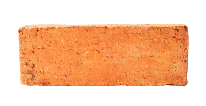 Single cracked old red or orange brick isolated on white background with clipping path in png file format