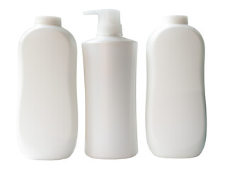 Set of three white shampoo or hair conditioner and powder bottle or container isolated on white background with clipping path in png file format