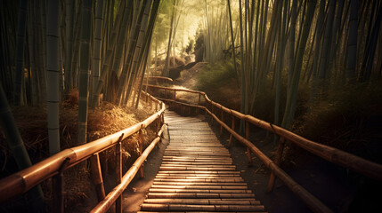 Tranquil bamboo forest path made of bamboo, bathed in sunlight. Dense bamboo stalks cast intriguing shadows. Serene and picturesque scene