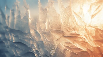 A close-up of delicate frost crystals on a windowpane, catching the morning sunlight. - obrazy, fototapety, plakaty