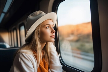 Fototapeta premium Young Woman Gazing Out Train Window, Lost in Thoughtful Tranquility. Generative Ai.