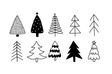 Christmas tree black and white symbols. Fir tree line drawing, vector icon. Holiday design elements are isolated on white. Simple shape conceptfor winter season cards, New Year party posters