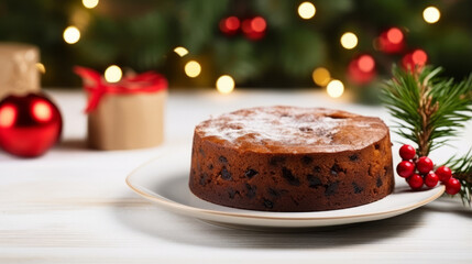 Fototapeta na wymiar close up of a Christmas fruit cake on a white plate on a white wooden table and bokeh background 