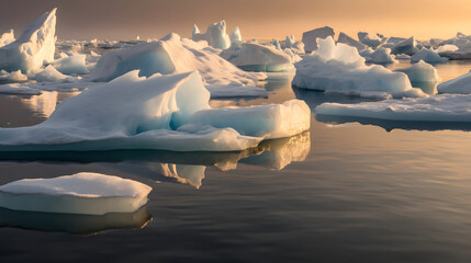 Icebergs gently traverse the cold, calm ocean. Under a cloudless, golden-hour sky, the warm light illuminates the ice's reflection on the water. Global warming.