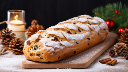 close-up of Christmas stollen on a wooden cutting board and Christmas decor