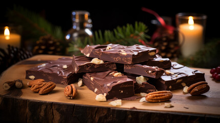 a stack of homemade chocolate pieces with almonds surrounded with fir branches, Christmas treats on a bokeh background - obrazy, fototapety, plakaty