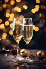 Two glasses of champagne on bokeh background. New Year and Christmas.