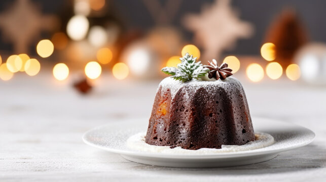 close up of a Christmas fruit cake on a white plate on a white wooden table and bokeh background 