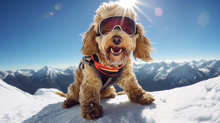 Fotografia psa z goglach przeciwsłonecznych na szczycie góry podczas słonecznego dnia