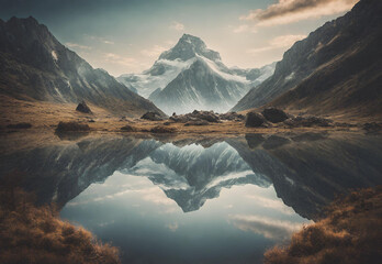 A mountain landscape with reflections in a calm lake. - obrazy, fototapety, plakaty