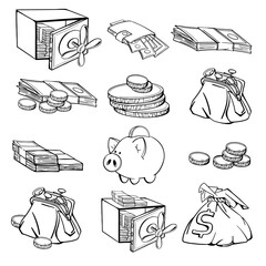 Purse with cash. Business and finance symbols. Vector illustration in doodle style. Isolated on white background