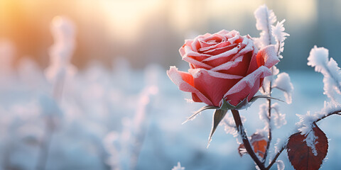  Rose flowers covered snow with blurry bokeh, Frozen beauty a single rose stands out in an icy close up field Generative Ai - obrazy, fototapety, plakaty
