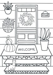 Cozy yard , fall coloring , cute coloring of cozy house with cat and pumpkins , black and white, colouring book, line art, simple art 