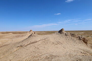 The ruins of Big Kirkkiz Kala, one of the Desert Castles of Ancient Khorezm traditionally known as Elliq Qala, Unesco World Heritage Site in Karakpakstan, Uzbekistan