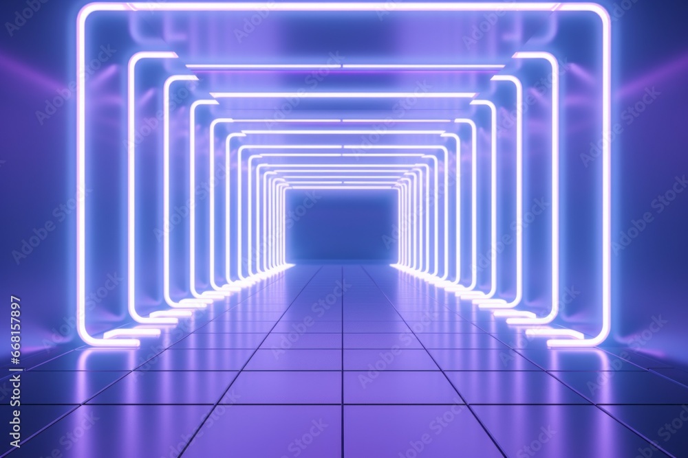 Poster long empty corridor with neon lights. background with selective focus and copy space