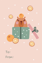 Christmas greeting card. Capybara and oranges