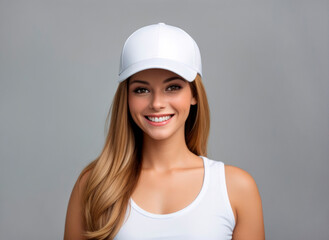 Happy young woman wearing a blank white baseball cap isolated on gray background. AI generative