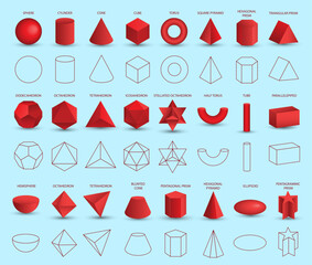 Set of vector realistic 3D red geometric shapes isolated on background. Mathematics of geometric shapes, linear objects, contours. Platonic solid. Icons, logos for education, business, design