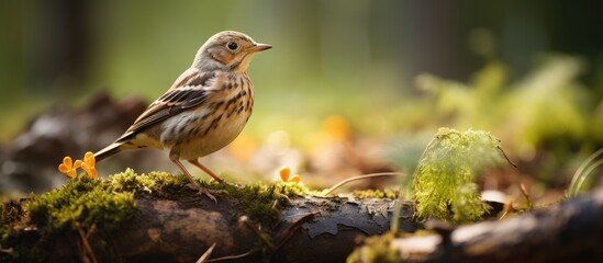 Fototapeta premium A fieldfare chick waits for food from its parents in a spring forest