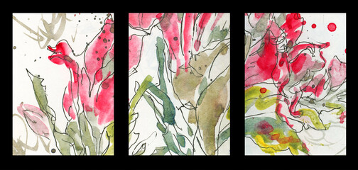 Watercolor background with abstract  flowers.  Hand-drawn illustration.