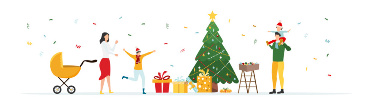 People decorate the Christmas tree. Happy family near the Christmas tree and gifts. Merry christmas. Vector illustration.