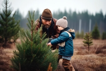 Father and son buying a christmas tree on a plantage in forest - obrazy, fototapety, plakaty