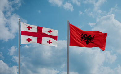 Georgia and Albania national flags, country relationship concept