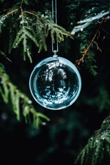 Glass Christmas ball hanging on a pine tree in the forest. Merry Christmas and Happy New Year.