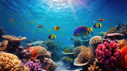 Fototapeta na wymiar Vibrant coral reef teeming with tropical fish in sunlit waters, Biodiversity and marine conservation.