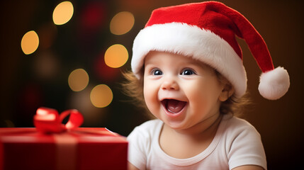 christmas, holidays concept, smiling child in santa hat with gift box on bokeh background