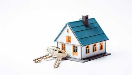 House Keys and Miniature Home on White Background real state concept