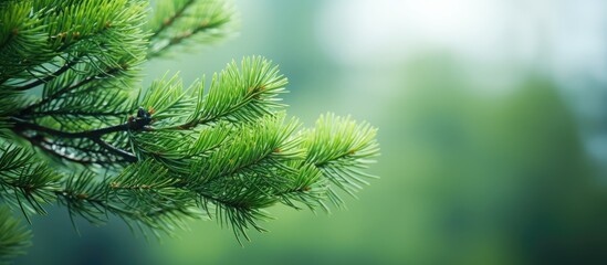 Blurred street background with beautiful close up of green pine - obrazy, fototapety, plakaty