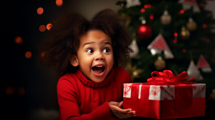 happy african american girl with christmas gift box at home