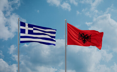 Greece and Albania national flags, country relationship concept