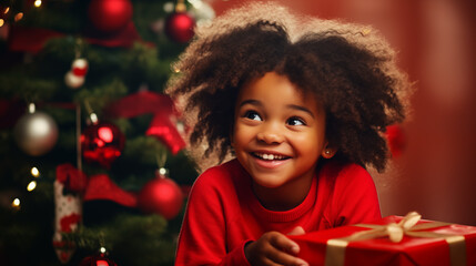 Portrait of a cute little girl opening a gift box in front of a Christmas tree