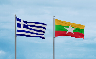 Myanmar and Greece flags, country relationship concept