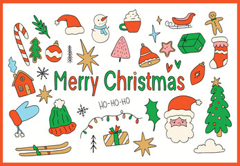 Cute Christmas Winter Holiday Hand Drawn Collection Vector Set Illustration