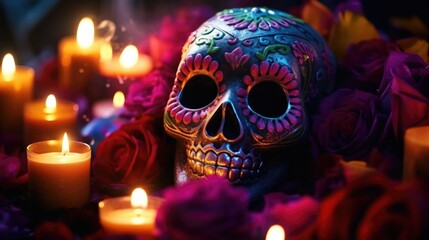 Close-up of sugar skull with detailed colorful designs, surrounded by roses. Day of the Dead.