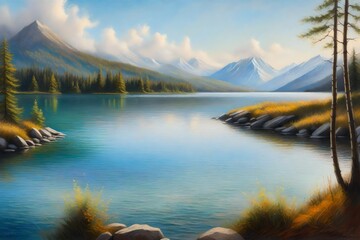 An oil pastel painting of a serene lakeside scene with distant mountains, capturing the essence of...