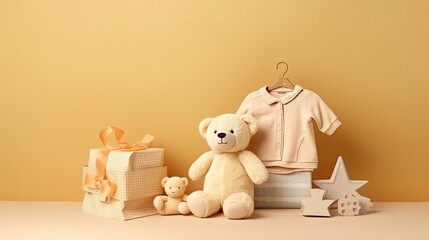 baby toys, clothes on beige background, copy space