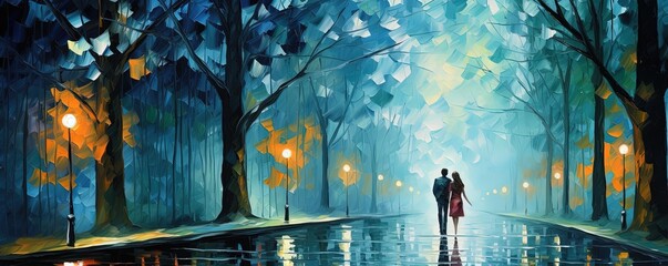 painting style illustration, two man and woman walking together in night park, Generative Ai - obrazy, fototapety, plakaty