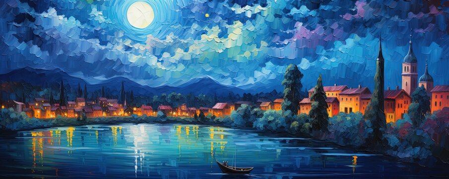 painting style illustration, beautiful countryside town under starry night sky, Generative Ai