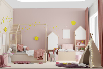 Nursery with pink walls, bed with a house like roof, a framed poster and toys. 3d rendering mock up