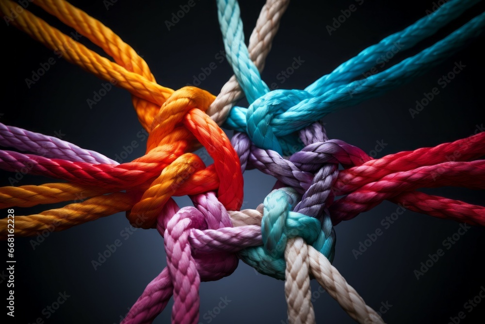 Poster different ropes are woven into a knot. teamwork concept. background with selective focus and copy sp