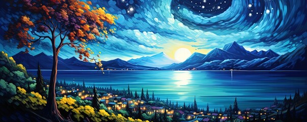 painting style illustration, Mediterranean coastal town with starry night sky, Generative Ai